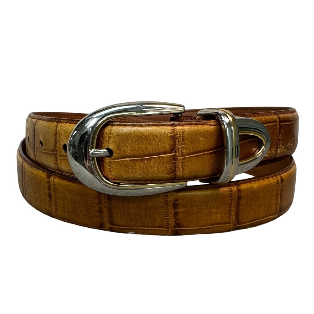 Arden Leather Co Mens Tan Italian Croco Calfskin Belt Silver Gold Buckle Size 42